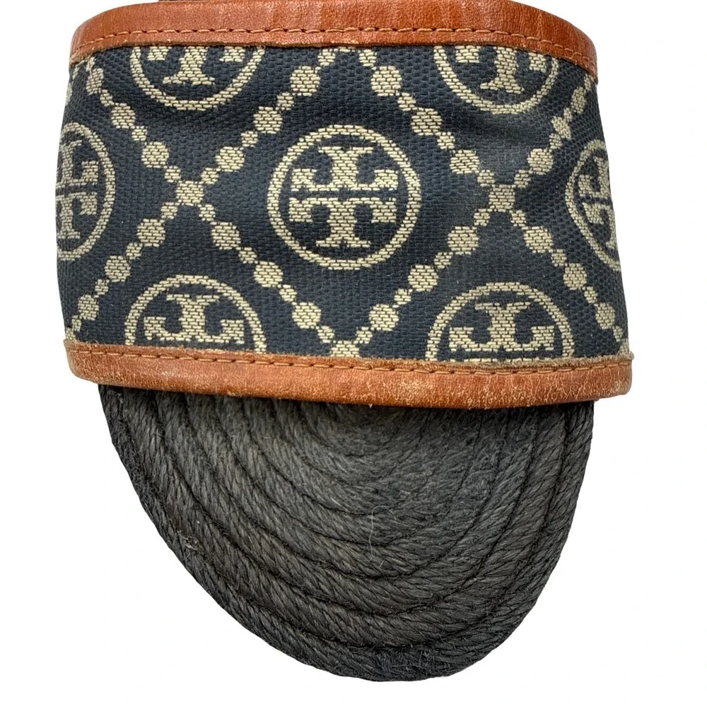 Tory Burch T Monogram‎ Espadrille Slides Size 6 Logo Sandals Navy Tan